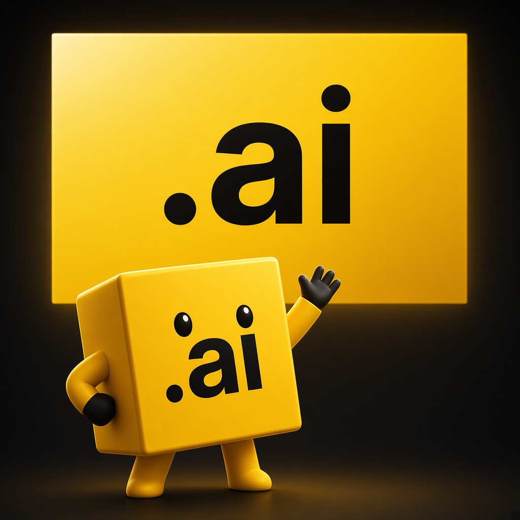 Yellow .ai cube waving at a large glowing .ai panel