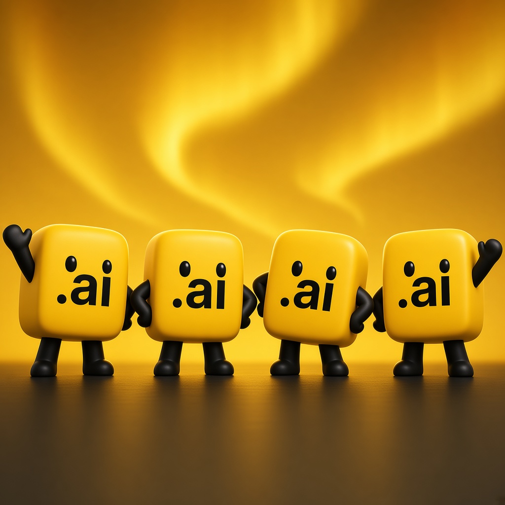 Four yellow .ai cubes standing under a gold aurora