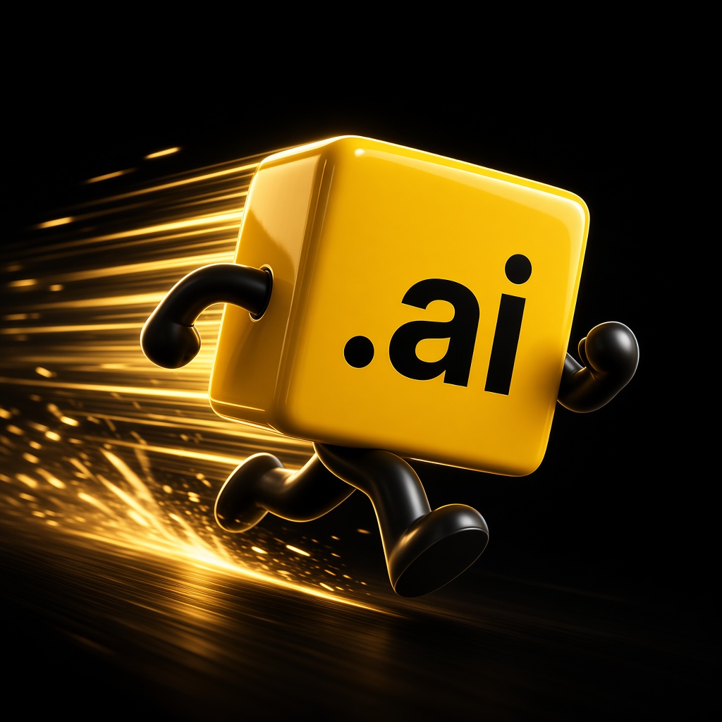 Yellow .ai cube sprinting through gold light streaks