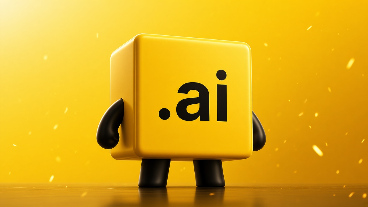 Yellow .ai cube standing on a gold stage with sparks